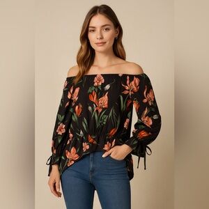 EUC Astr Black Floral Off-Shoulder Blouse Sz S